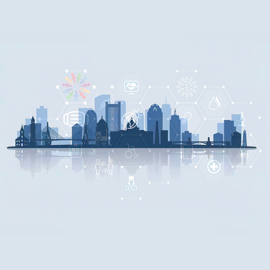 conceptual image of boston skyline silhoutte with health icons overlay