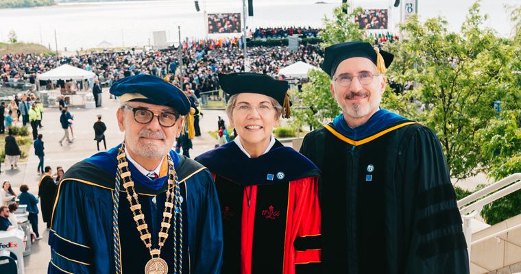 Chancellor Marcelo Suárez-Orozco, Senator Elizabeth Warren and Provost Joseph Berger 