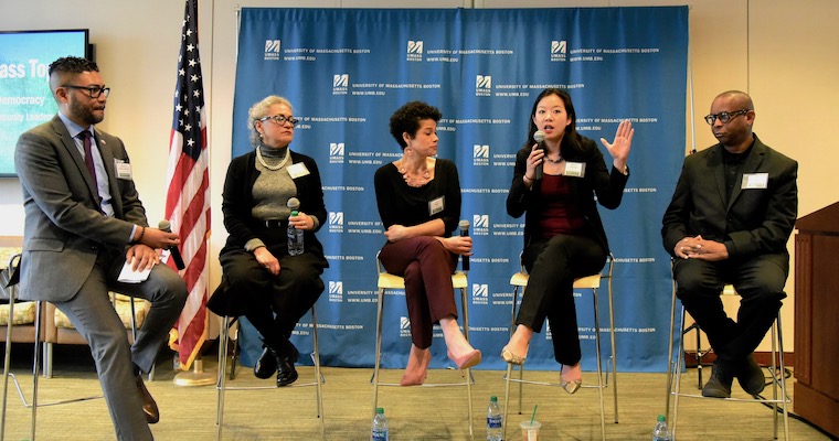 Commuinity leaders speak at UMass Boston's annual Fireside Chat.