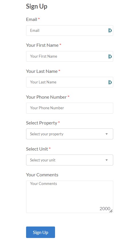 Fields required to register for the Resident Portal