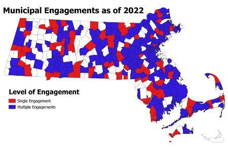 Map of Massachusetts describing where the Collins Center has worked as indicated by various shades of different colors in 2022.