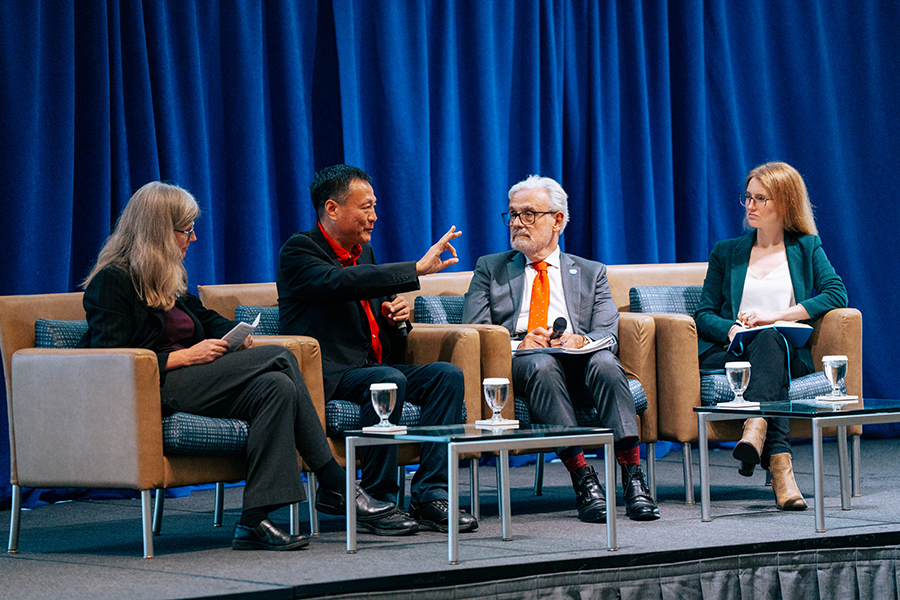 Participants speak at fireside chat at Chancellor's Lecture Series.