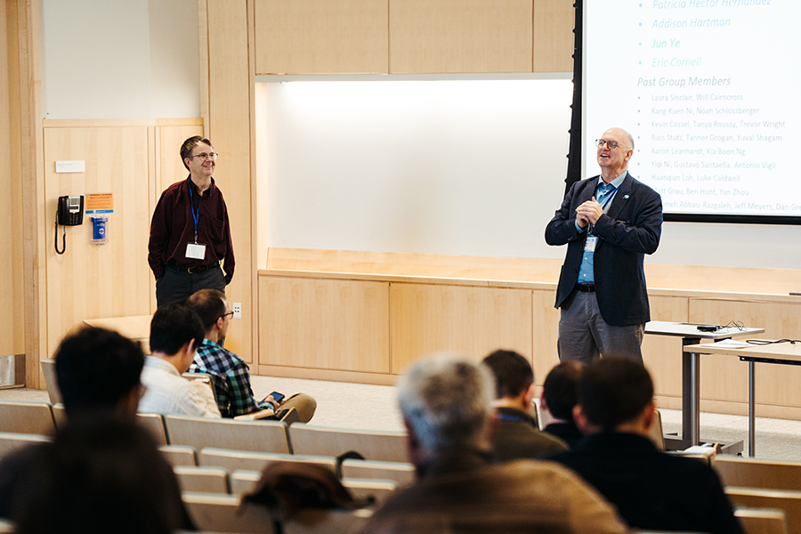 Professor Eric Cornell (left) being introduced by the event organizer and CSM Professor Robin Côté (right).